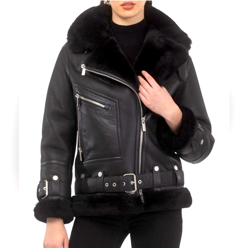 Women's Gorski Black Shearling & Lamb Leather Zip Moto Jacket